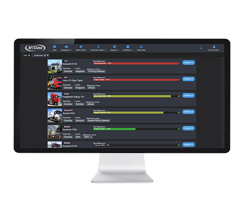 Fleet Manager software featuring dashboard with list of vehicles and maintenance statuses and due dates.