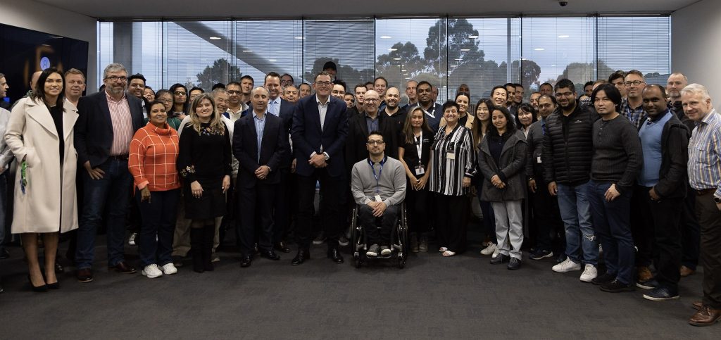 Group photo of VIC Premier Daniel Andrews and MTData staff at Mulgrave Head Office.