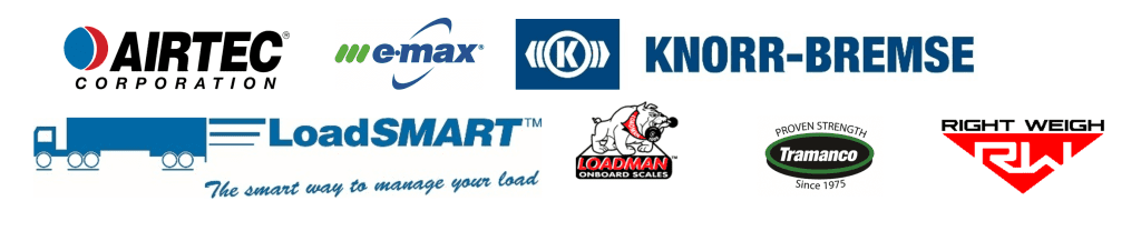Logos of AirTec, E-max, Knorr-Bremse, LoadSmart, Loadman, Tramanco and Right Weigh
